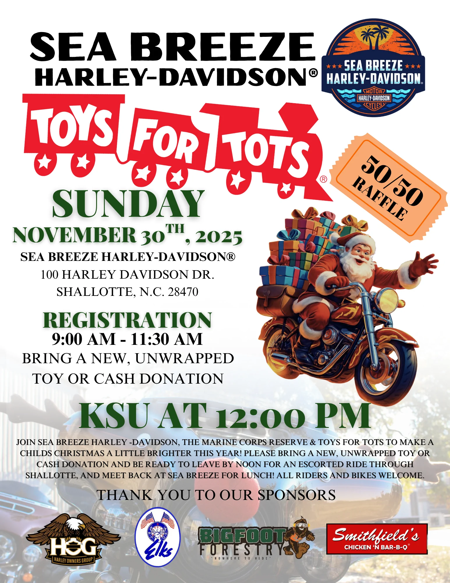 Featured image for post: Bigfoot Forestry Sponsors the 2025 Sea Breeze Harley-Davidson “Toys for Tots” Ride